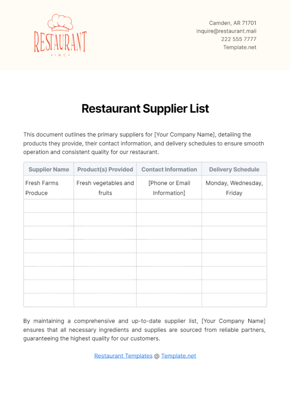 Free Restaurant Supplier List Template to Edit Online