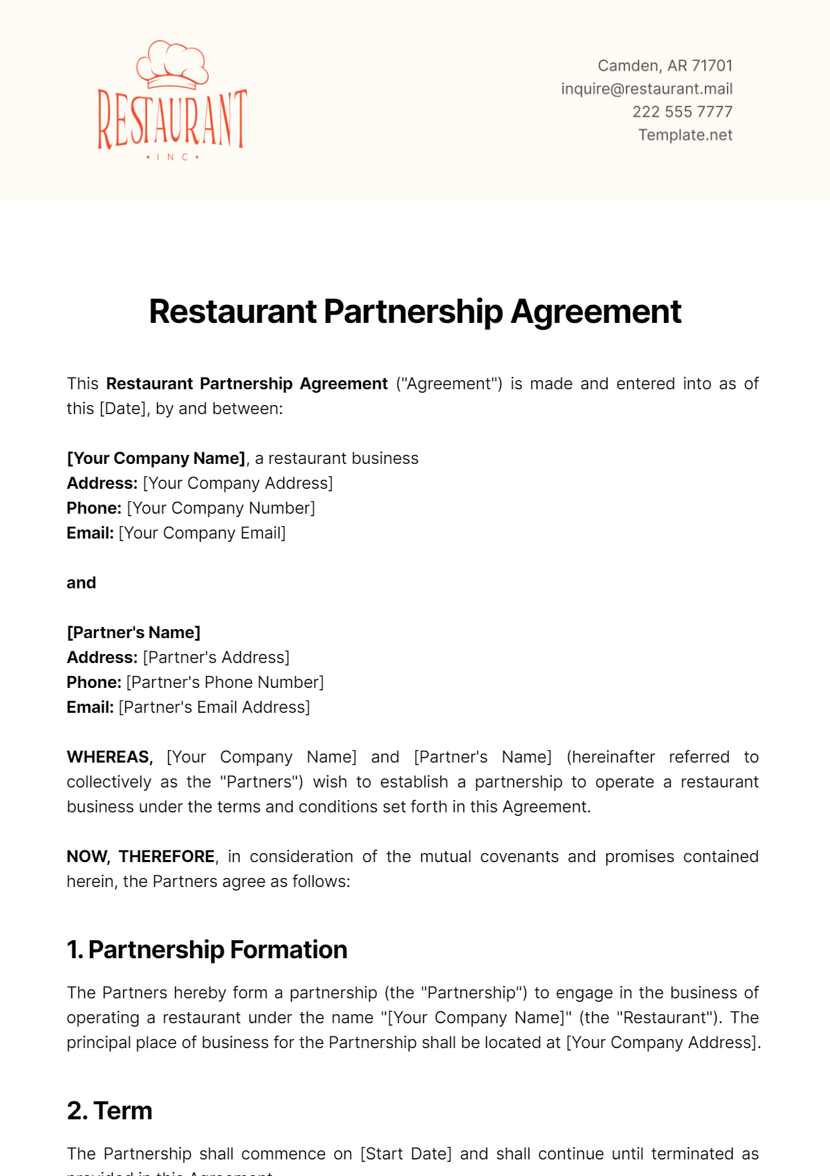 Restaurant Partnership Agreement Template