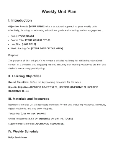 Free Weekly Unit Plan Template to Edit Online