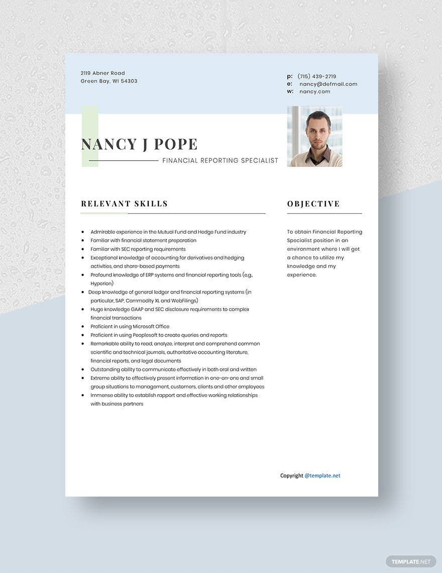 Financial Reporting Specialist Resume Template