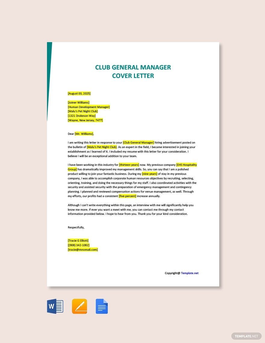 Club General Manager Cover Letter