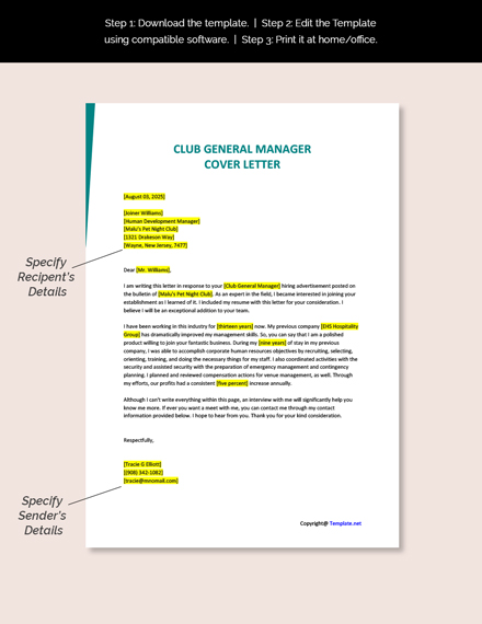 Club General Manager Cover Letter Template - Google Docs, Word ...