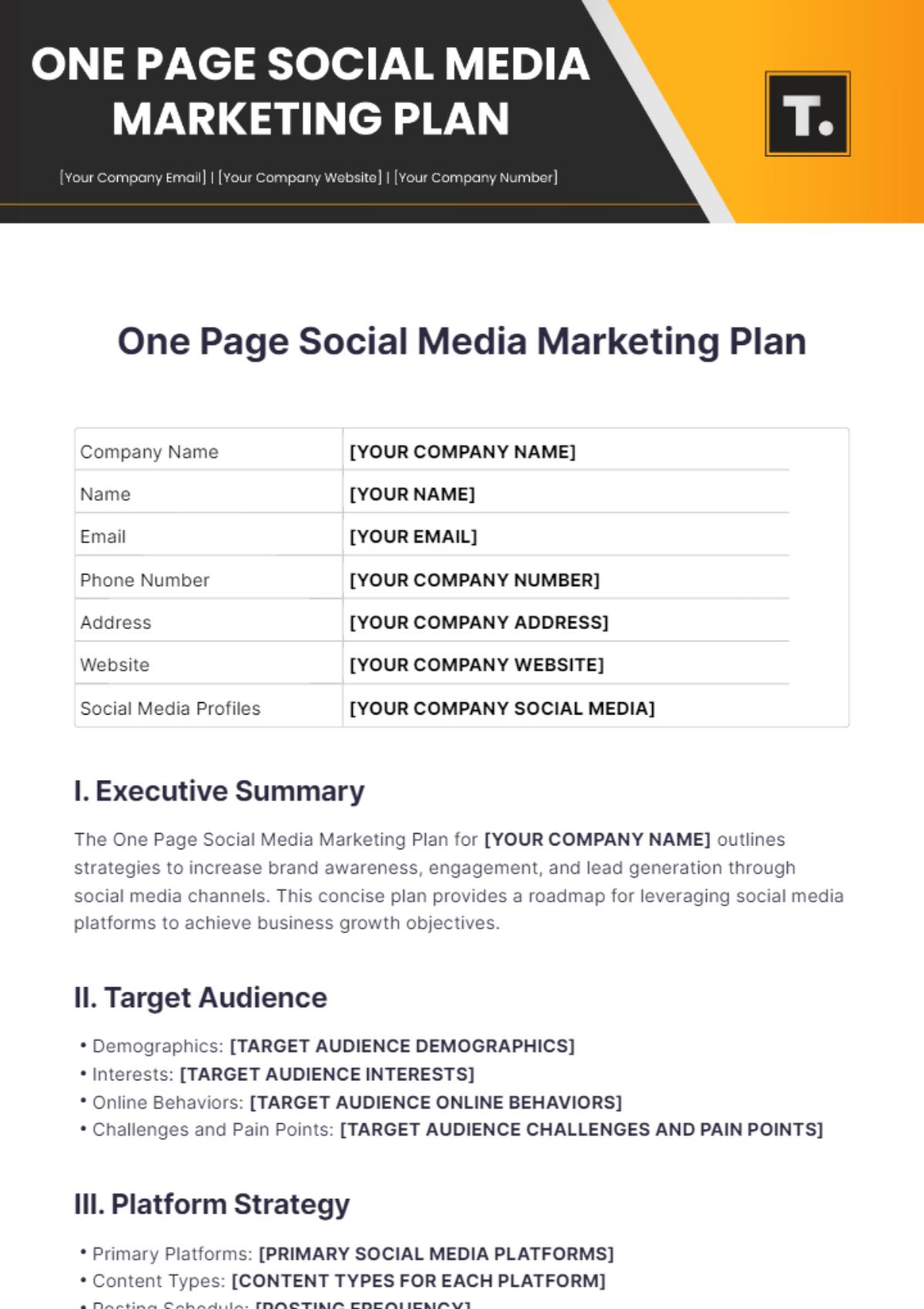 One Page Social Media Marketing Plan Template - Edit Online & Download