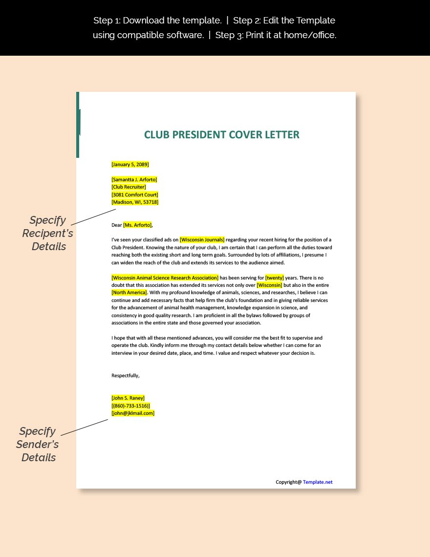 Club President Cover Letter in Word, Pages, PDF, Google Docs - Download ...