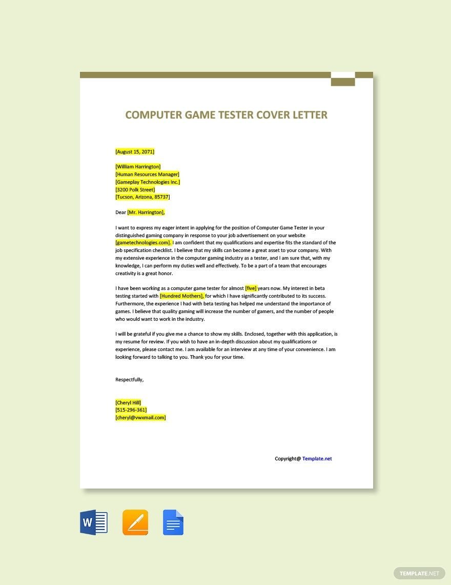 Computer Game Tester Cover Letter