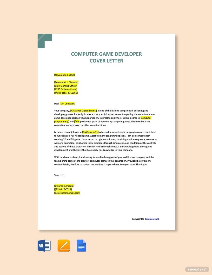 Computer Game Developer Cover Letter