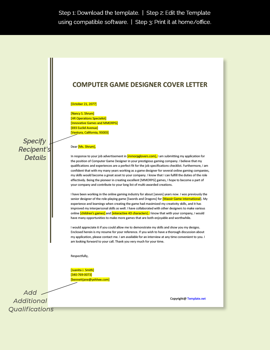 Computer Game Designer Cover Letter