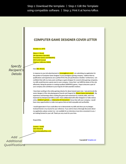 Free Computer Game Designer Cover Letter Template - Google Docs, Word ...