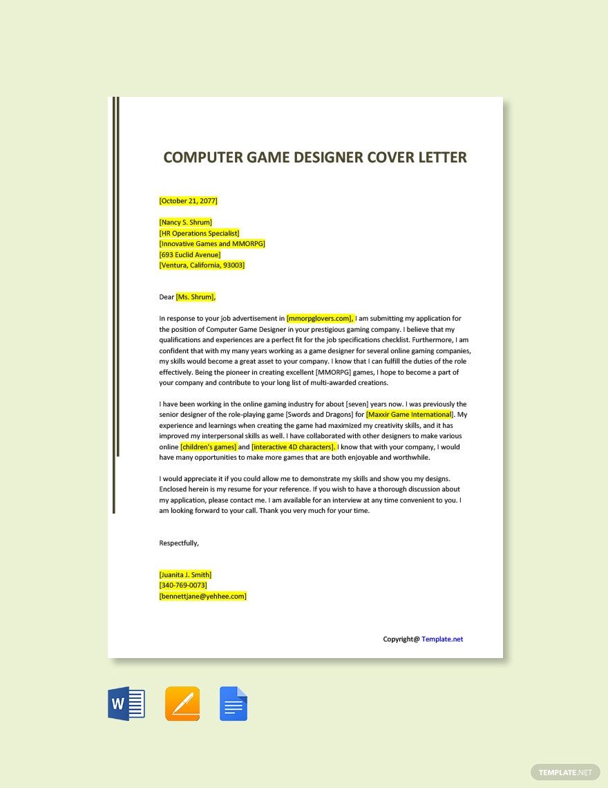 Computer Game Designer Cover Letter in Word, Google Docs, PDF, Apple Pages