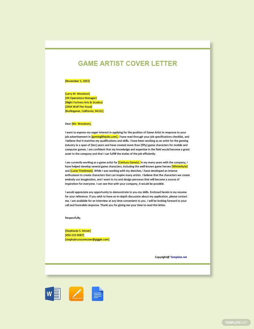 Game Artist Cover Letter