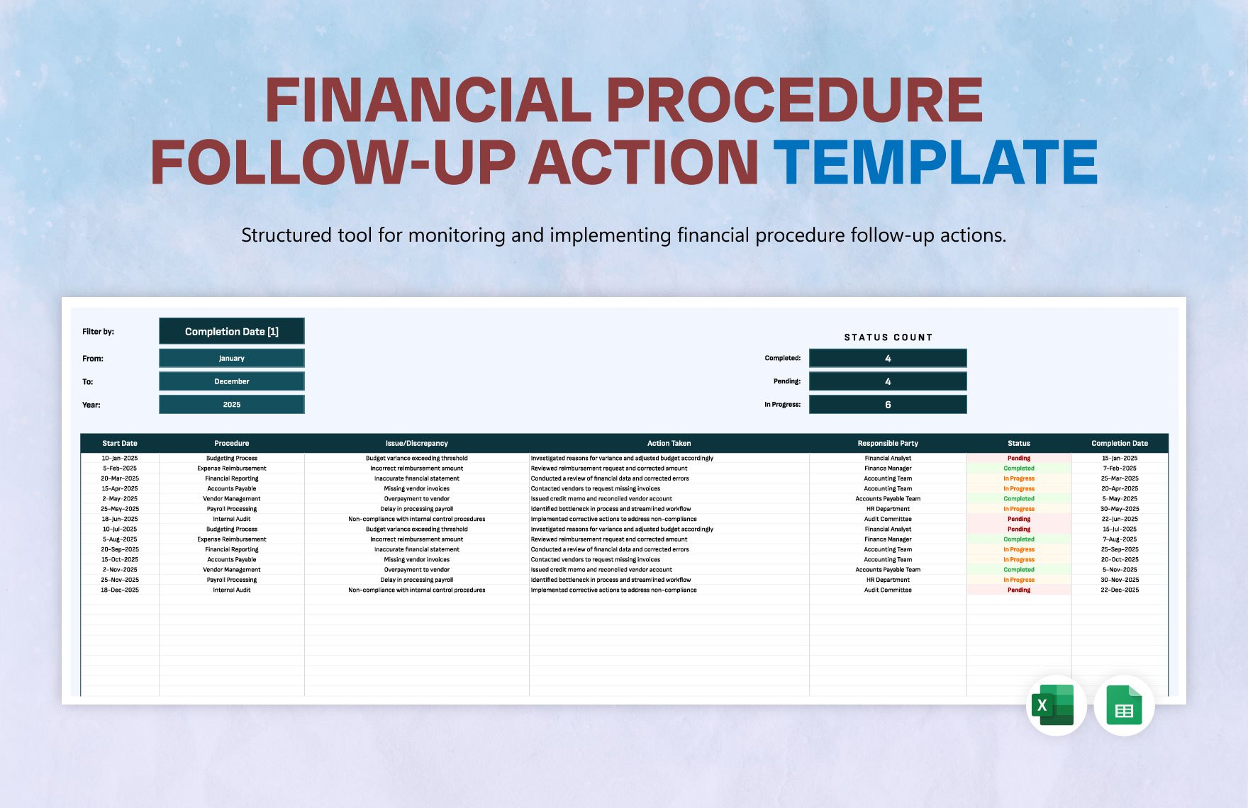 Financial Procedure Follow-Up Action Template in Excel, Google Sheets