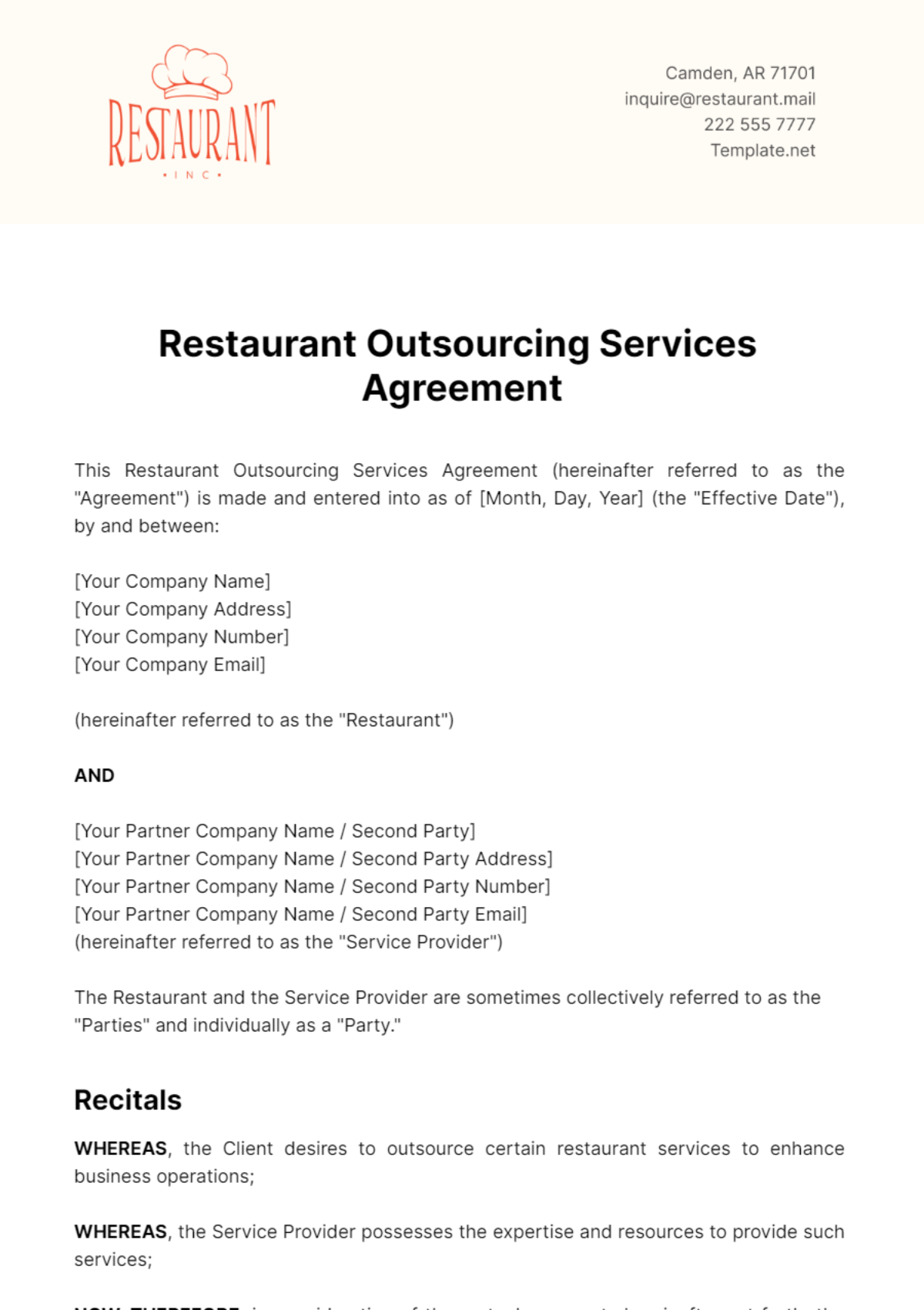 Restaurant Outsourcing Services Agreement Template - Edit Online & Download