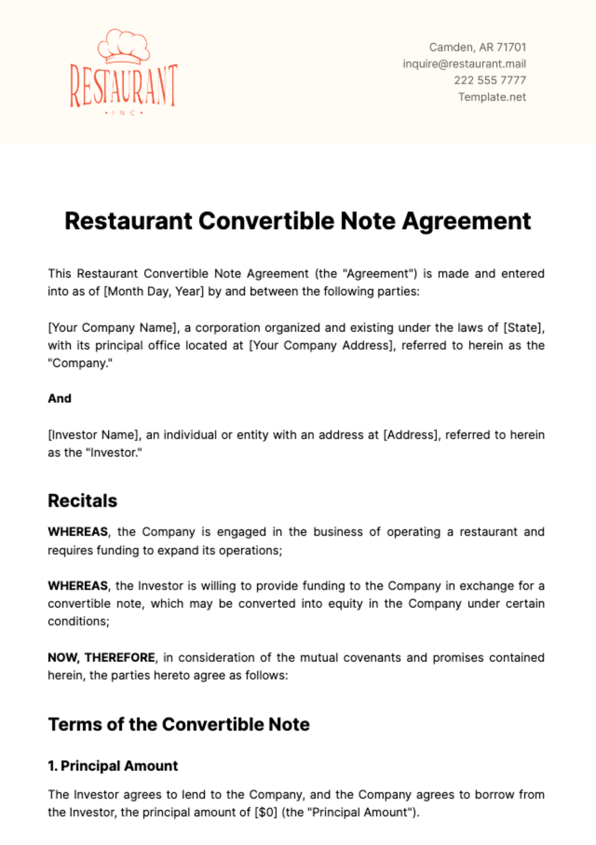 Restaurant Convertible Note Agreement Template