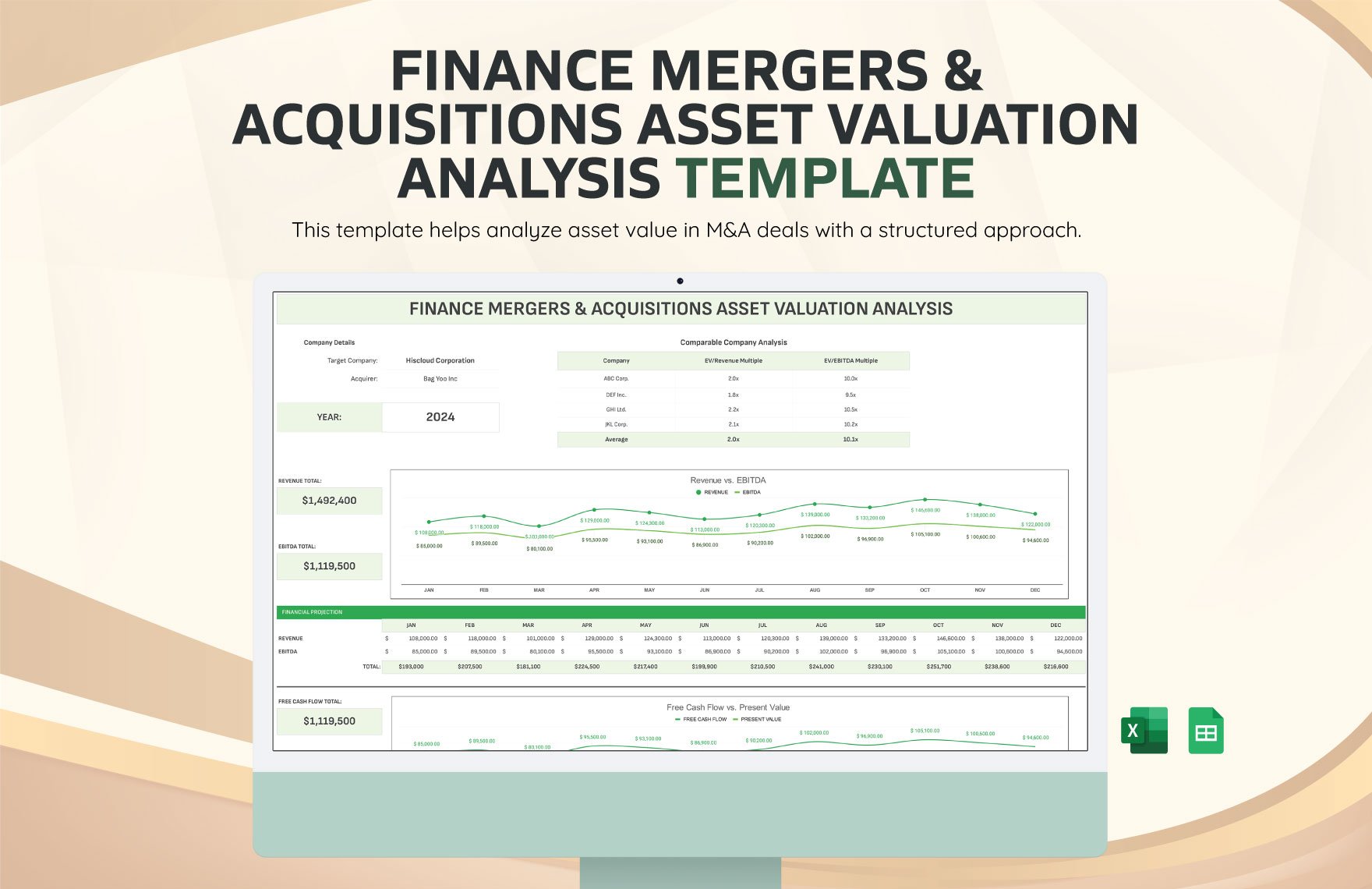 Finance Mergers & Acquisitions Asset Valuation Analysis Template in Excel, Google Sheets