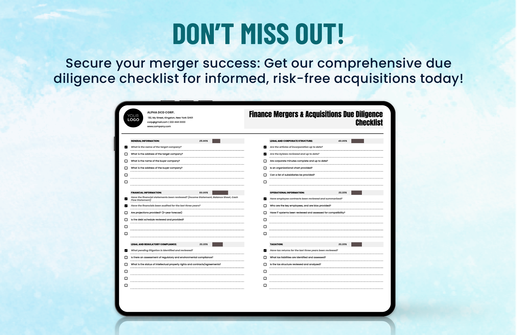 Finance Mergers & Acquisitions Due Diligence Checklist Template