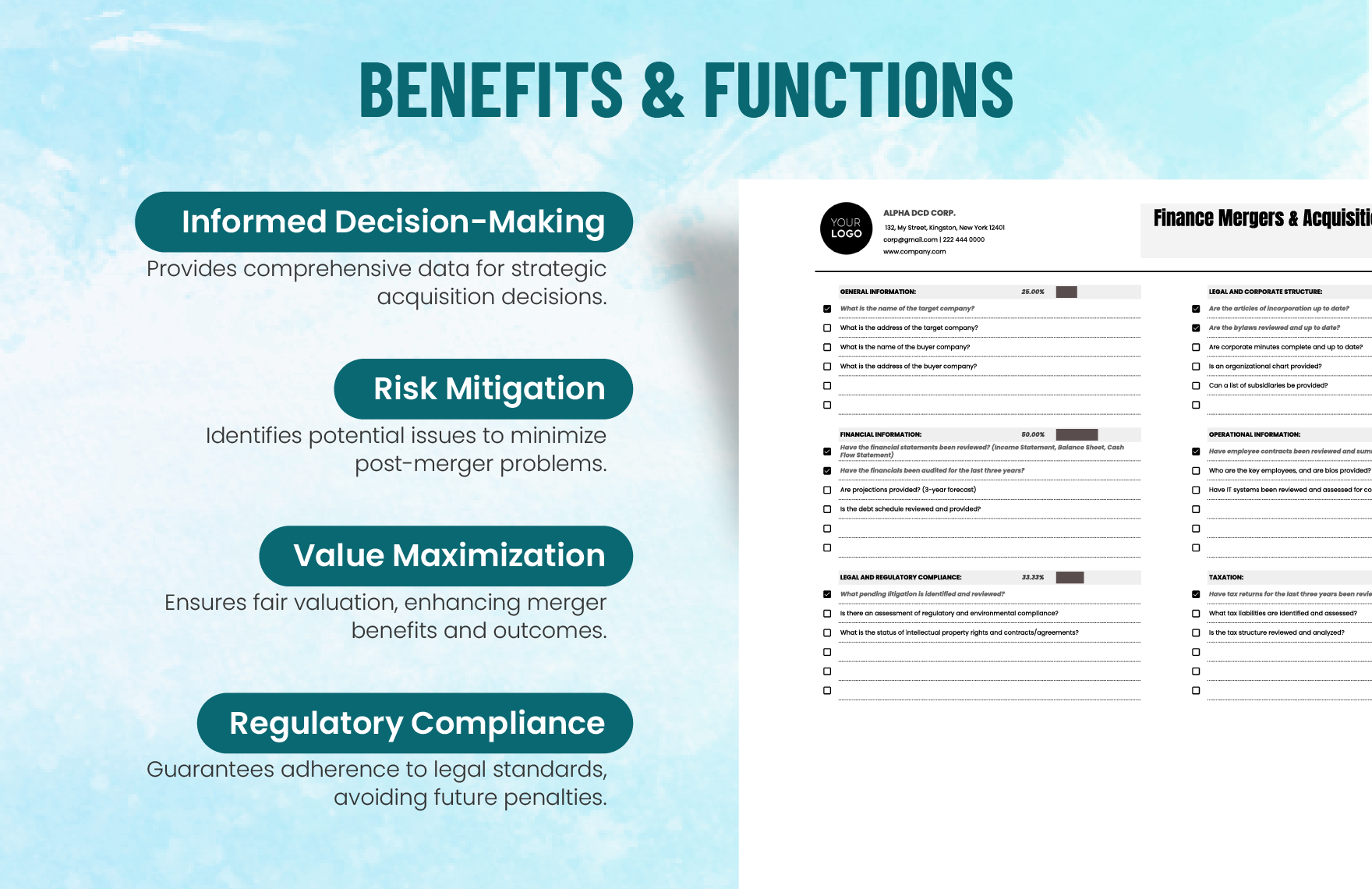 Finance Mergers & Acquisitions Due Diligence Checklist Template