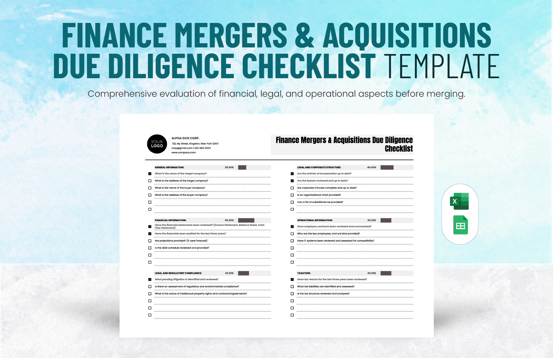 Finance Mergers & Acquisitions Due Diligence Checklist Template in Excel, Google Sheets