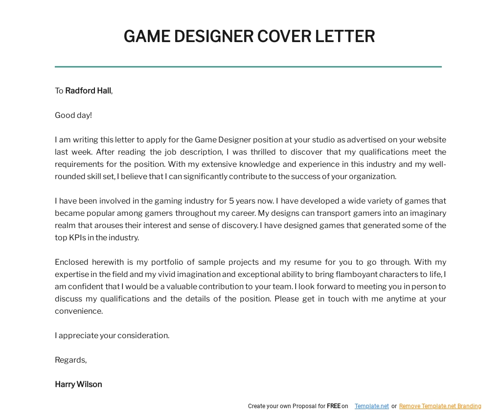 best cover letter for game developer