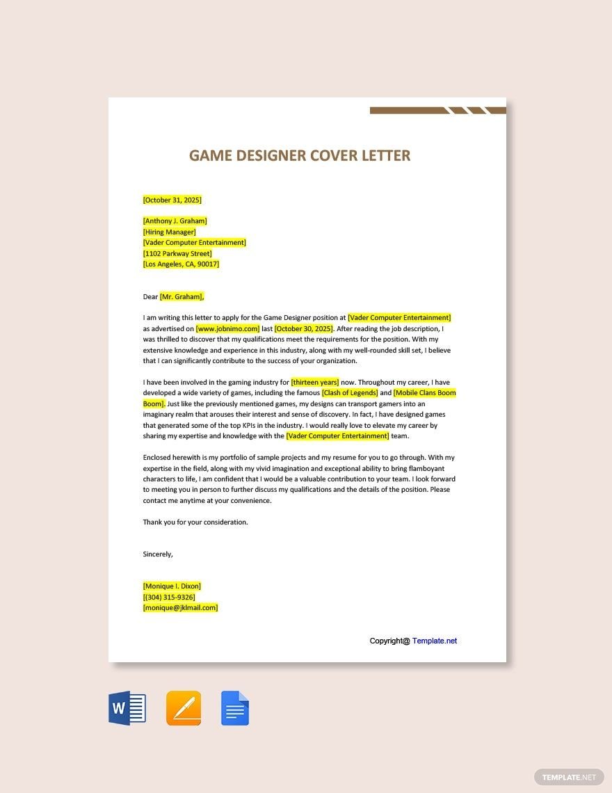 Game Designer Cover Letter Template