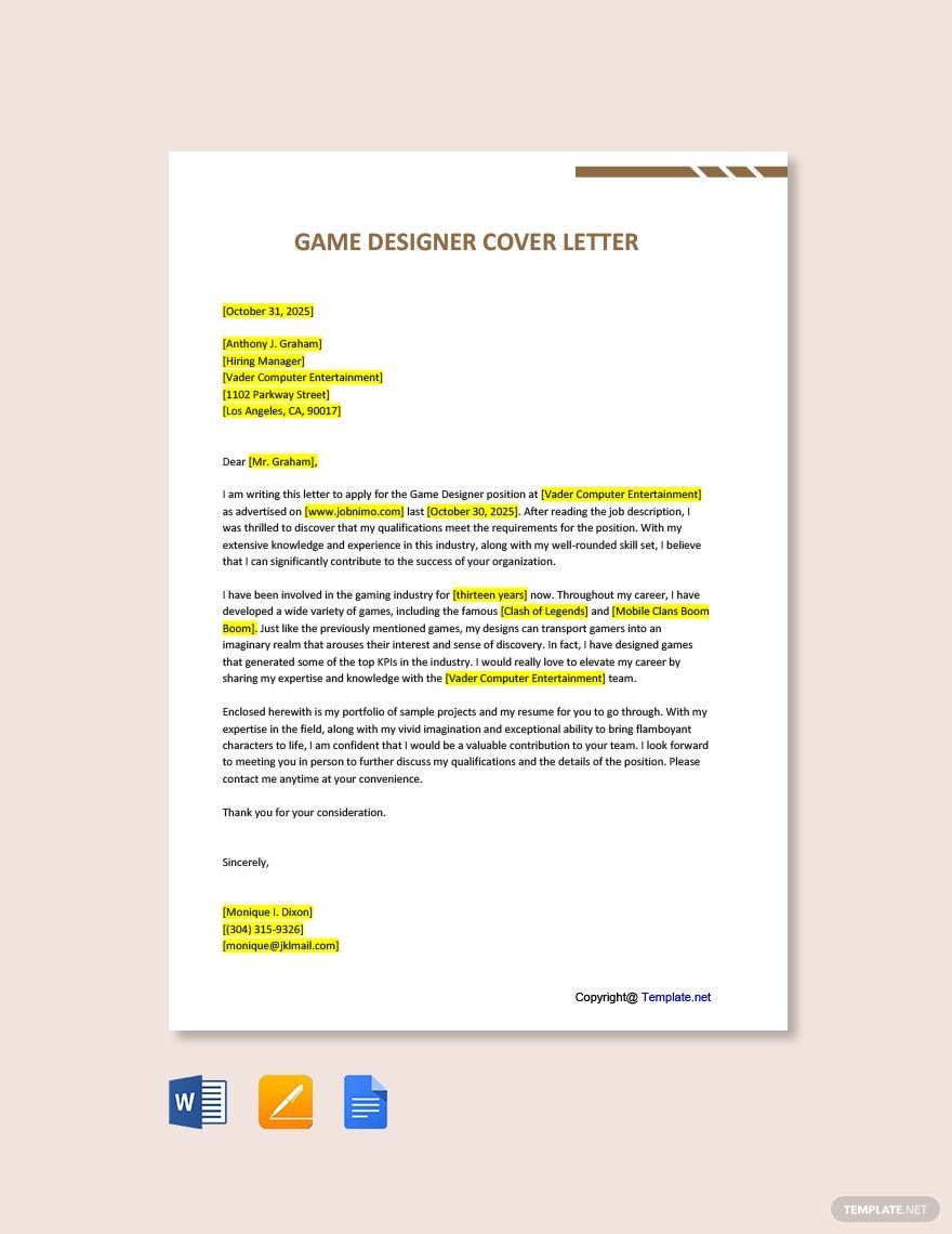 Game Designer Cover Letter in Word, Pages, PDF, Google Docs - Download | Template.net