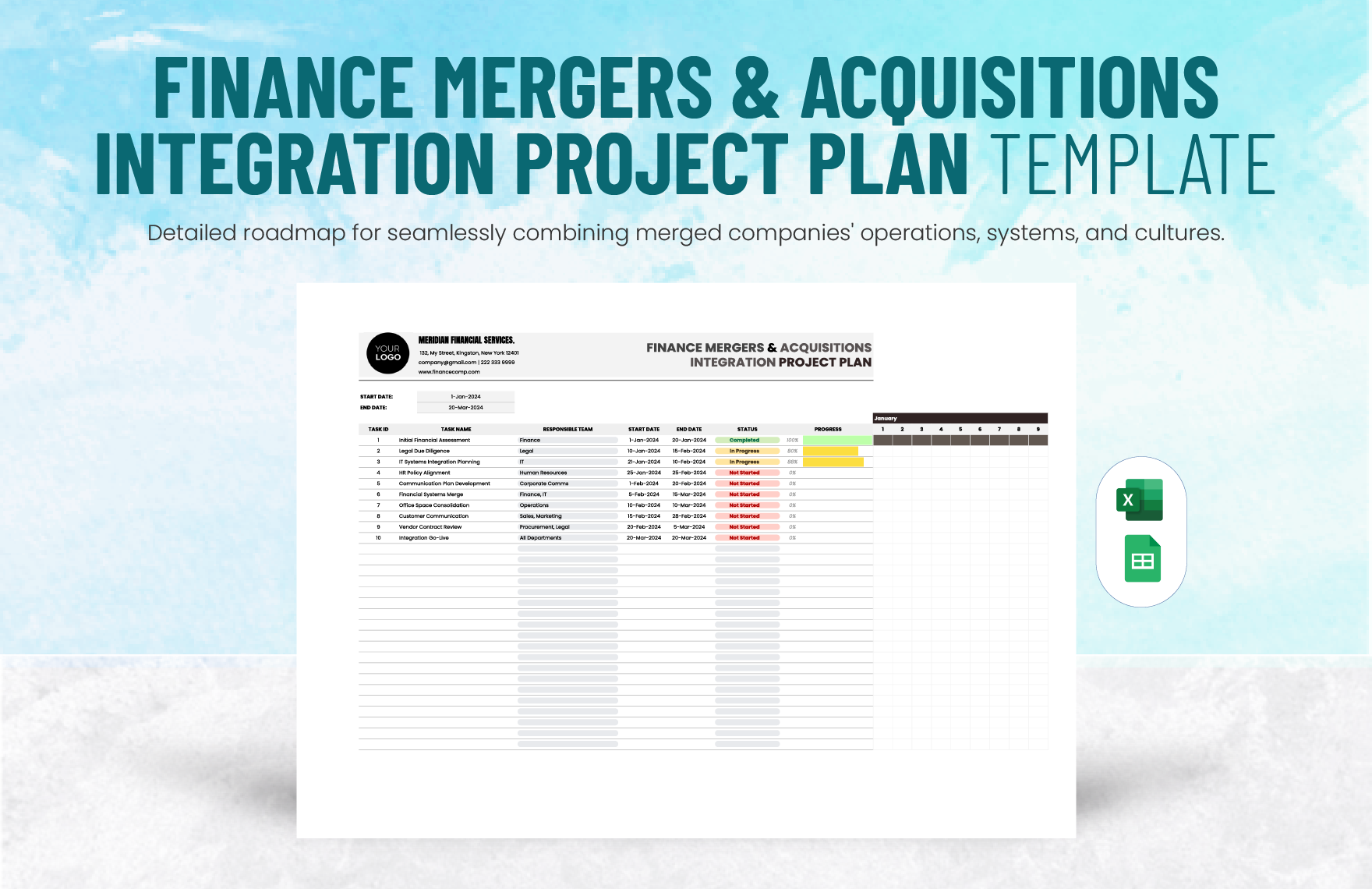 Finance Mergers & Acquisitions Integration Project Plan Template in Excel, Google Sheets