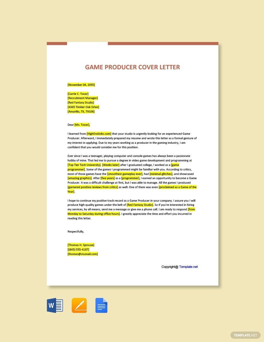 Game Producer Cover Letter