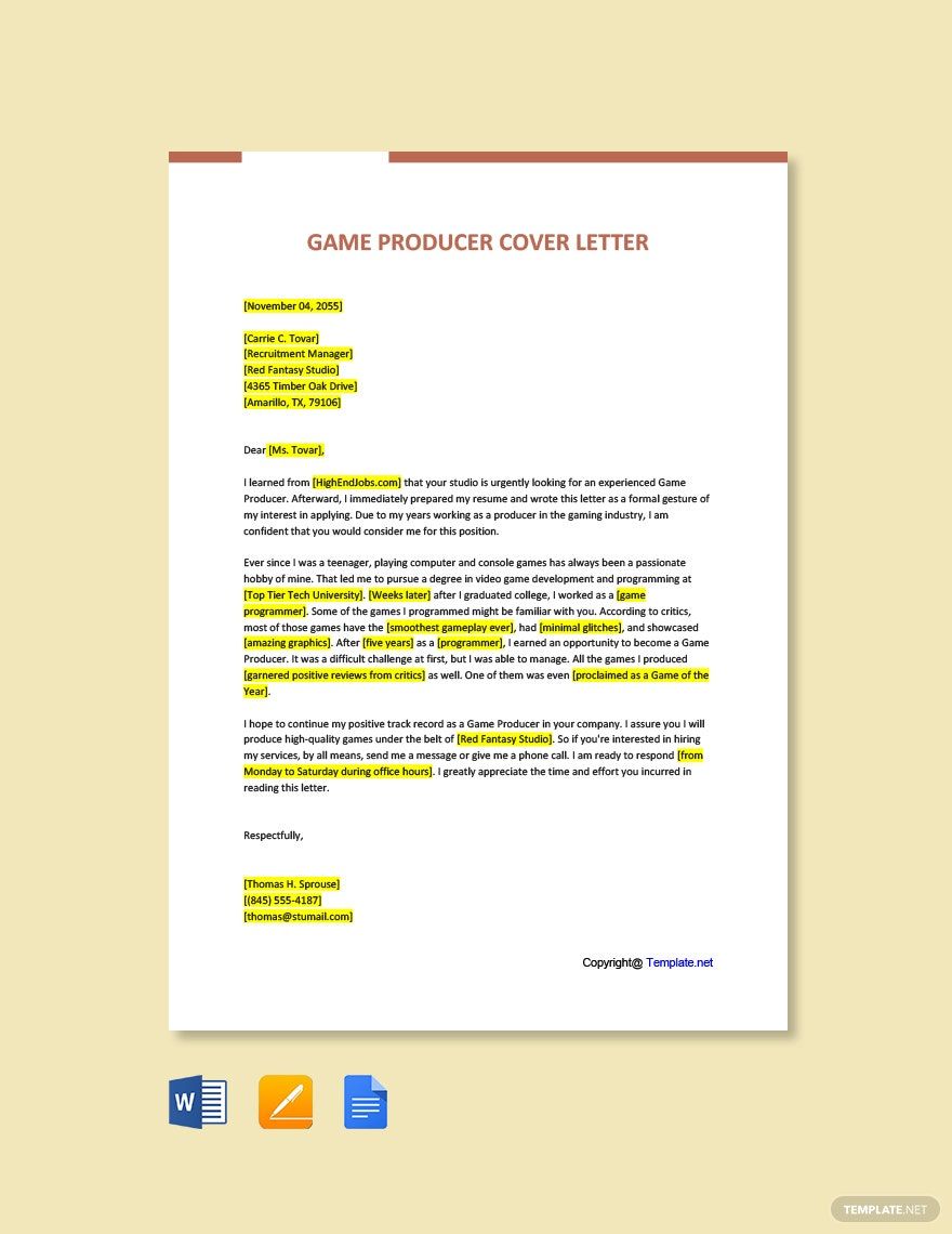 Game Producer Cover Letter Sample