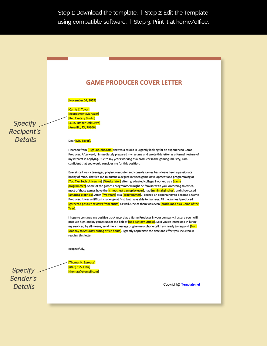 Game Producer Cover Letter Template