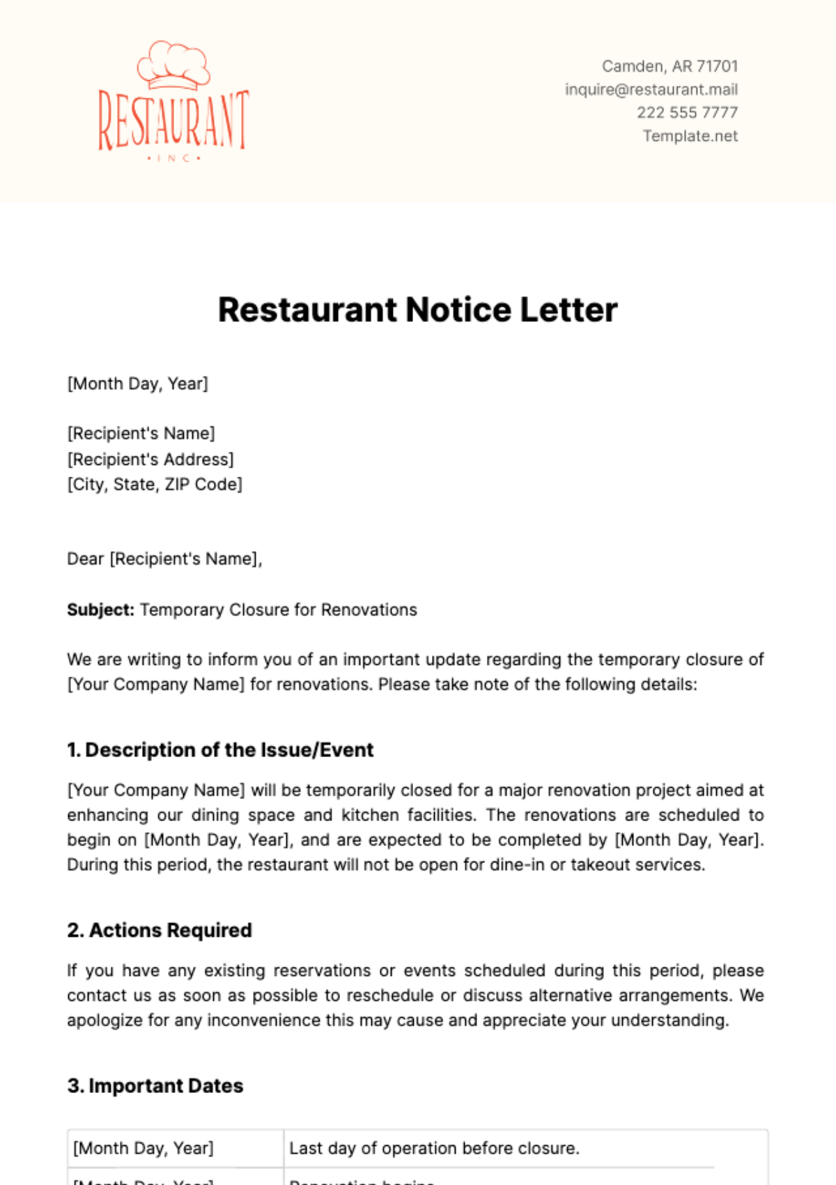 Restaurant Notice Letter Template - Edit Online & Download