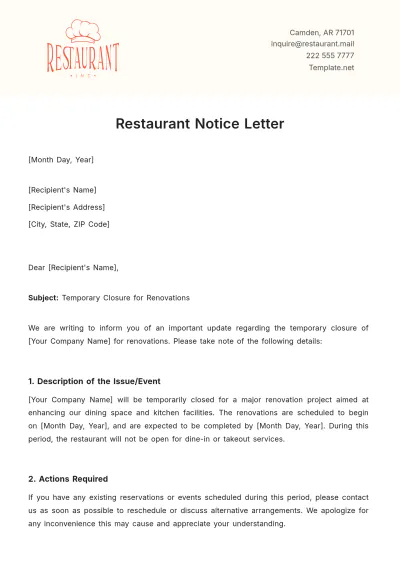 Free Restaurant Notice Letter Template to Edit Online