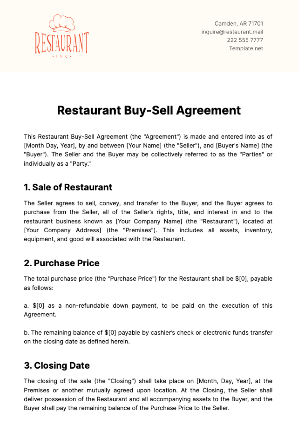 Restaurant Buy-Sell Agreement Template