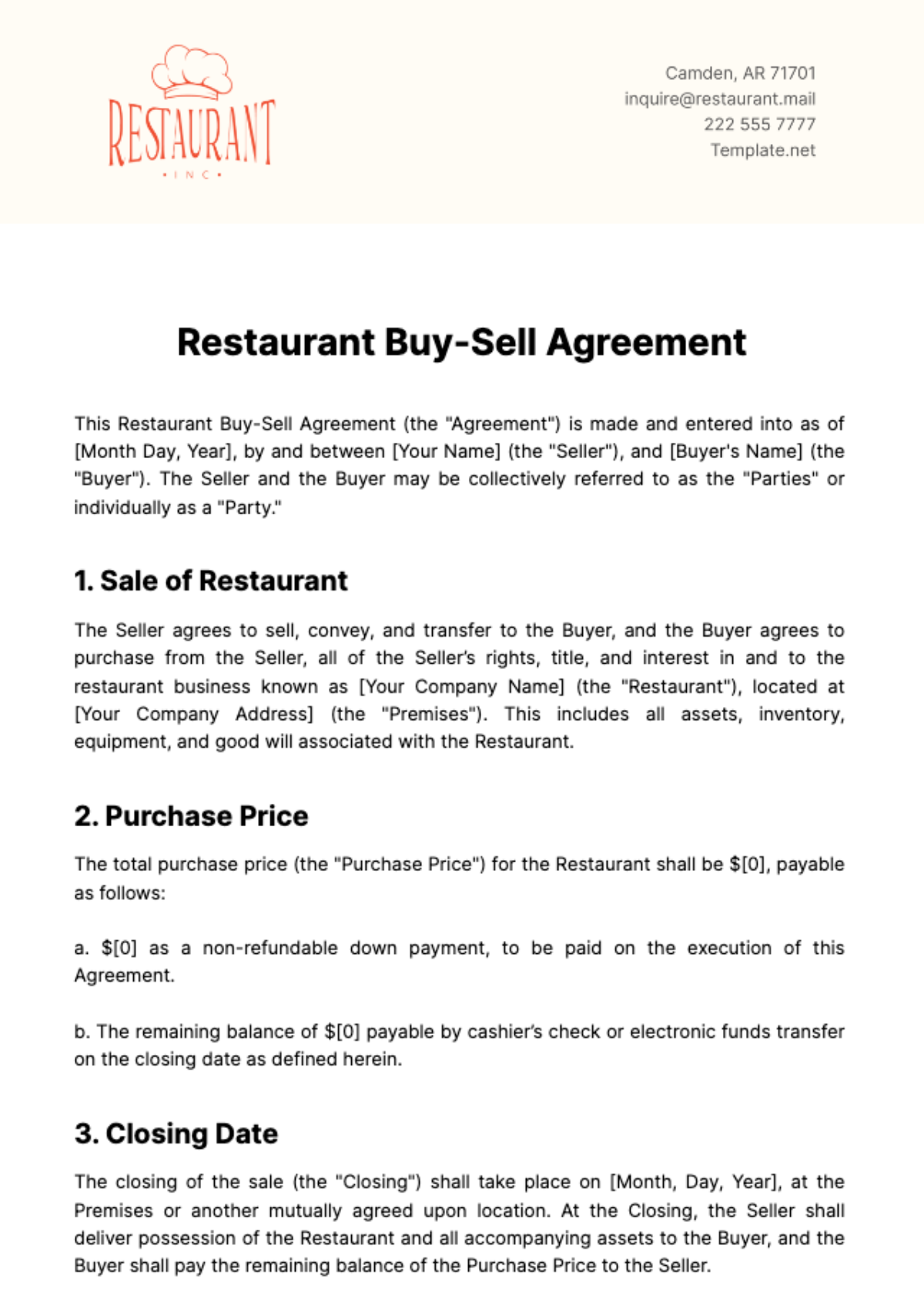 Restaurant Buy-Sell Agreement Template - Edit Online & Download