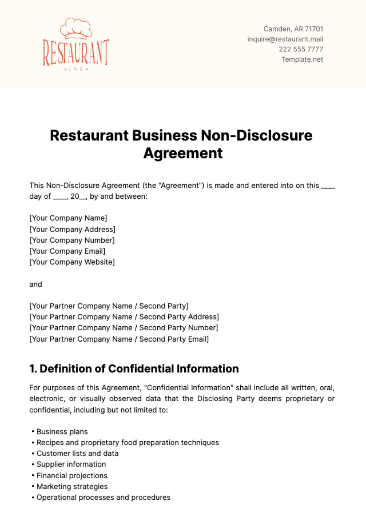 Restaurant Business Non Disclosure Agreement Template