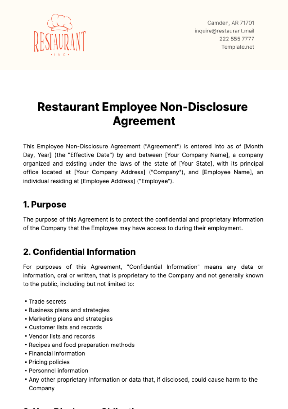 Restaurant Employee Non-Disclosure Agreement Template