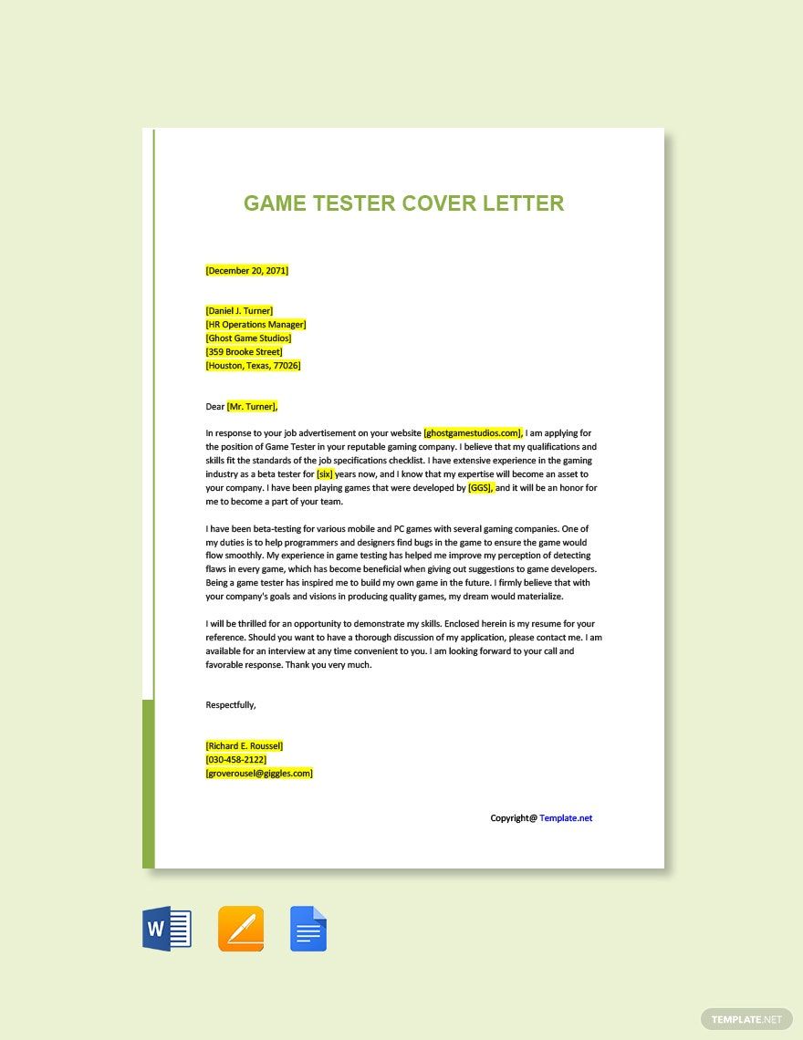 cover letter for game tester