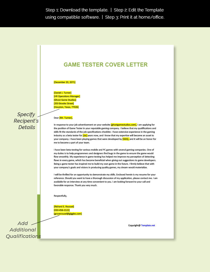 Free Game Tester Cover Letter Template