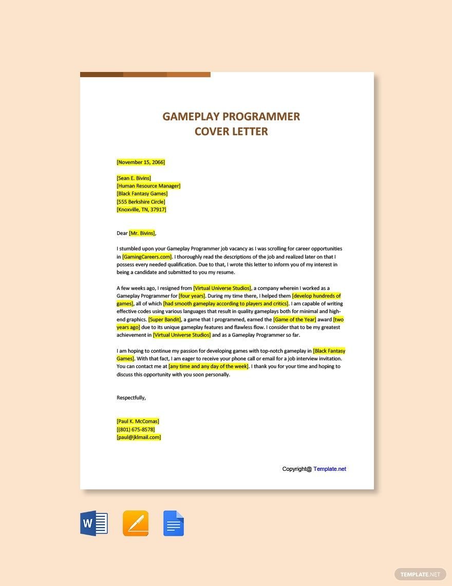 Gameplay Programmer Cover Letter in Word, Google Docs, PDF, Apple Pages