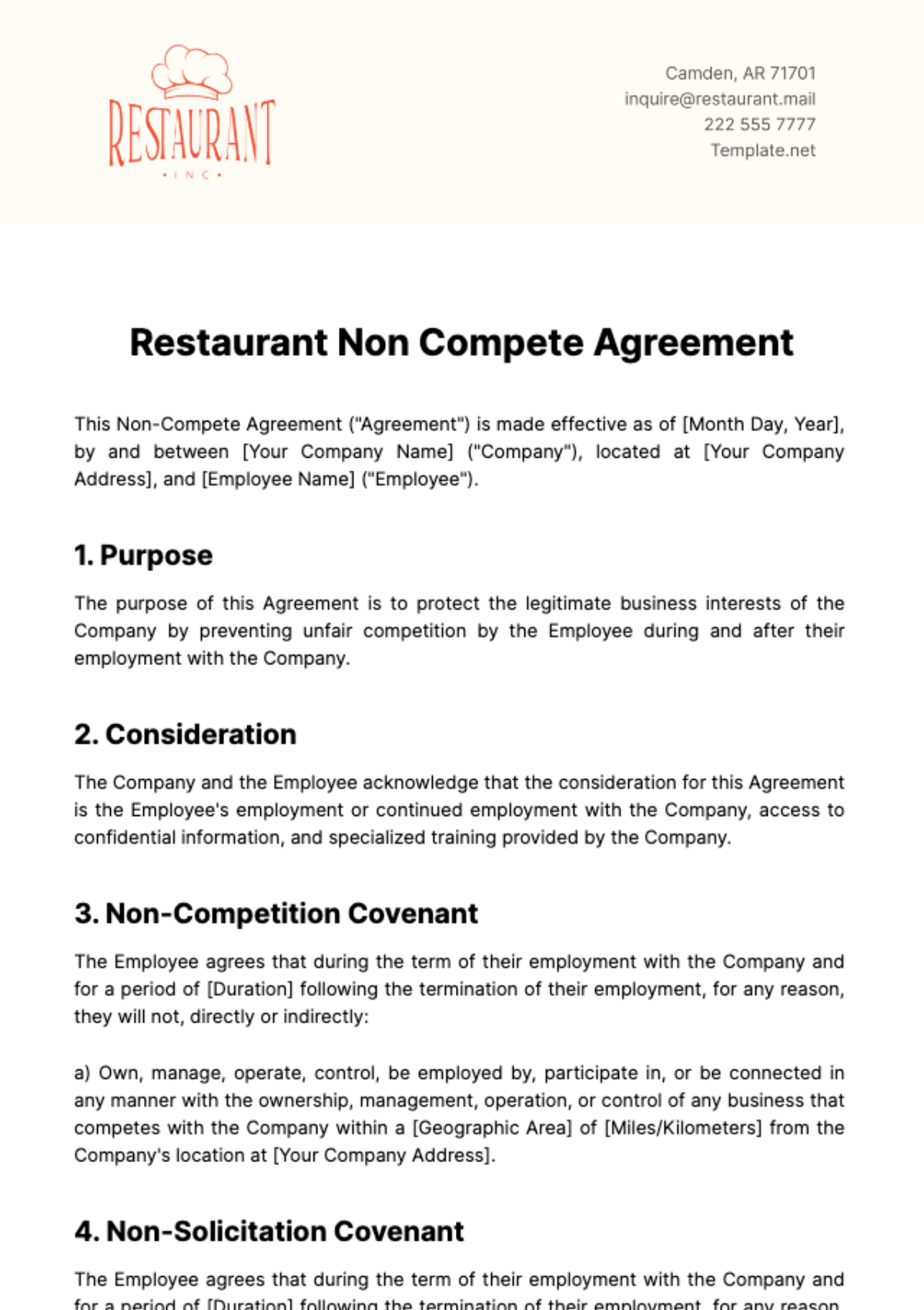 Restaurant Non Compete Agreement Template - Edit Online & Download