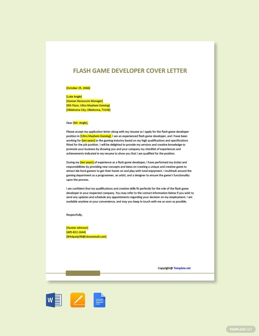 Flash Game Developer Cover Letter in Word, Google Docs, PDF, Apple Pages