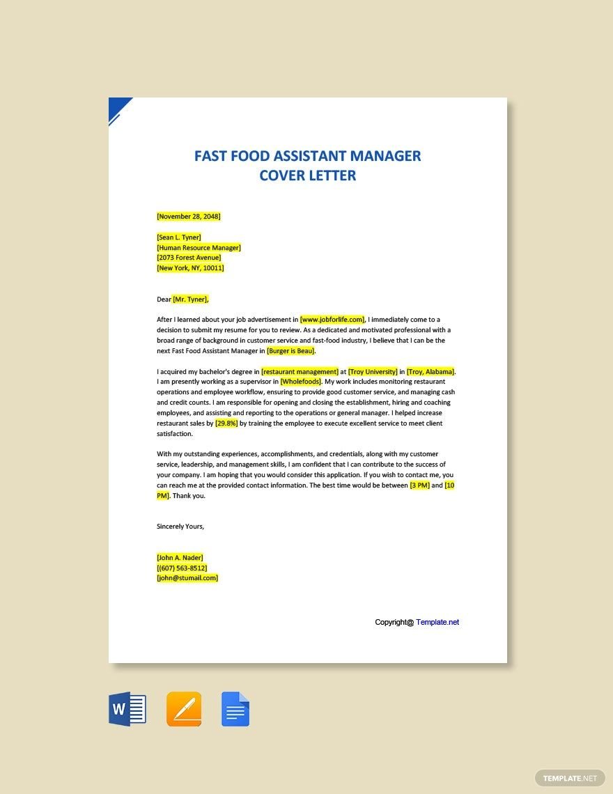Fast Food Assistant Manager Cover Letter