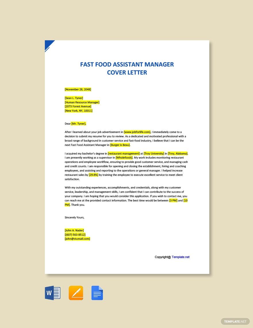 Fast Food Assistant Manager Cover Letter in Word, Pages, PDF, Google Docs - Download | Template.net