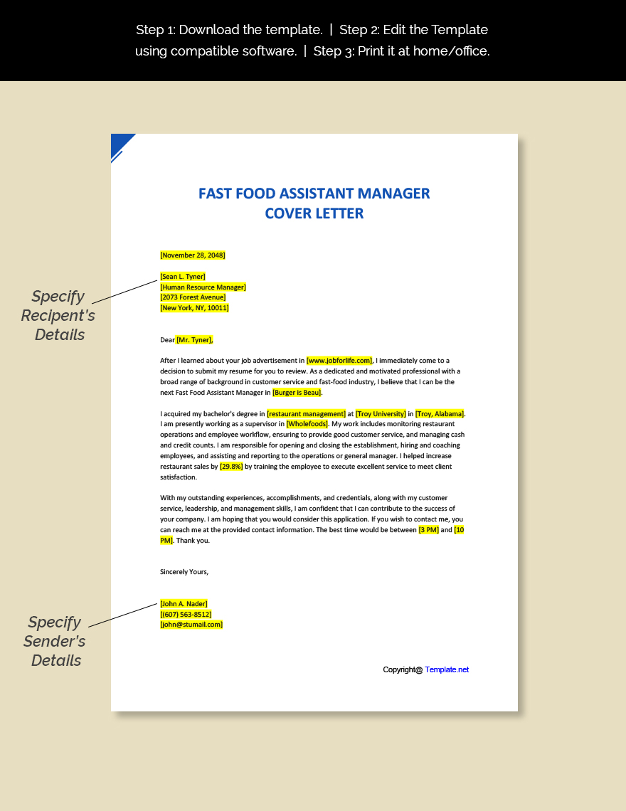Fast Food Assistant Manager Cover Letter