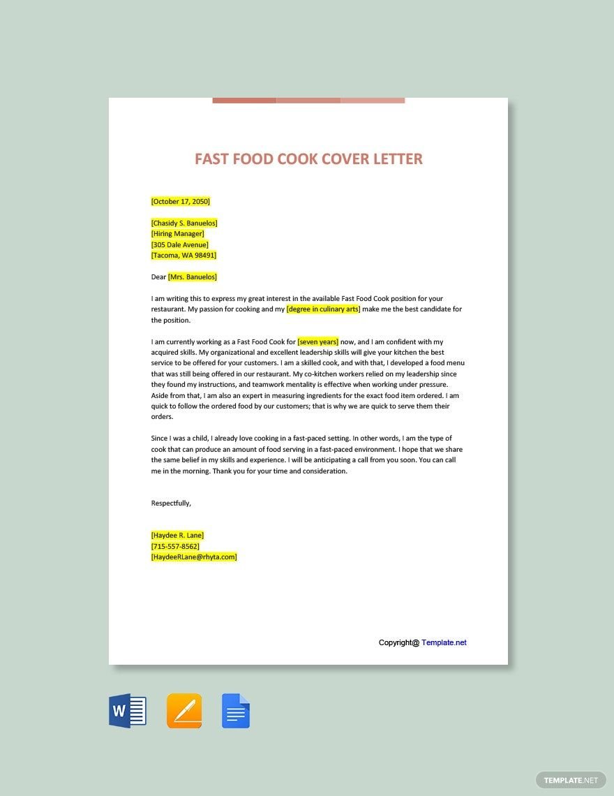 Fast Food Cook Cover Letter
