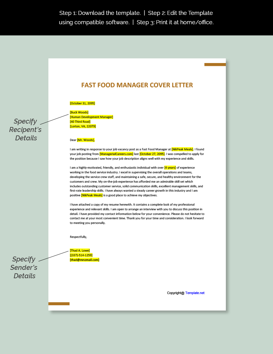 Fast Food Manager Cover Letter