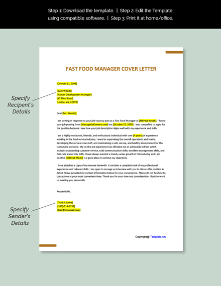Fast Food Manager Cover Letter Template