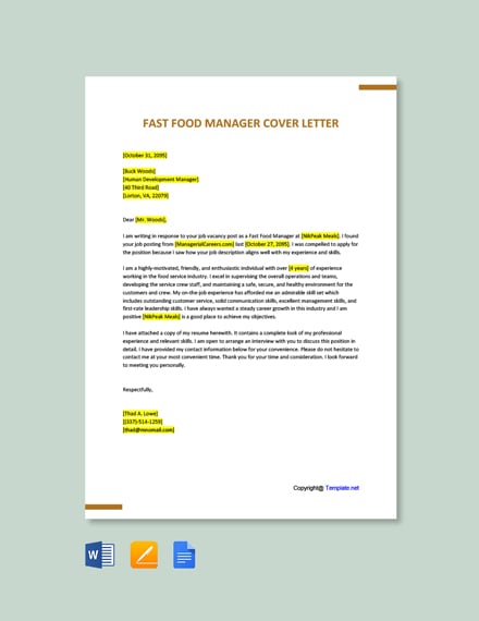 Fast Food Manager Cover Letter 