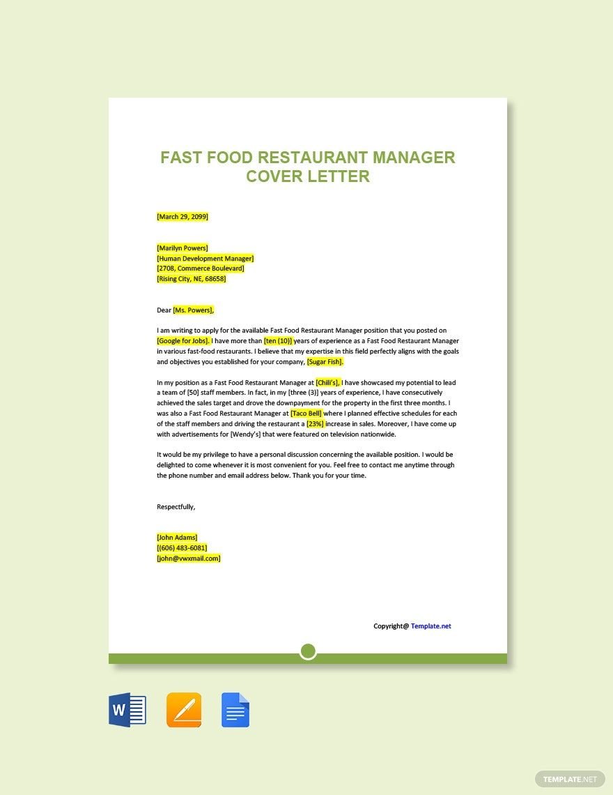 Fast Food Restaurant Manager Cover Letter in Word, Google Docs, PDF, Apple Pages