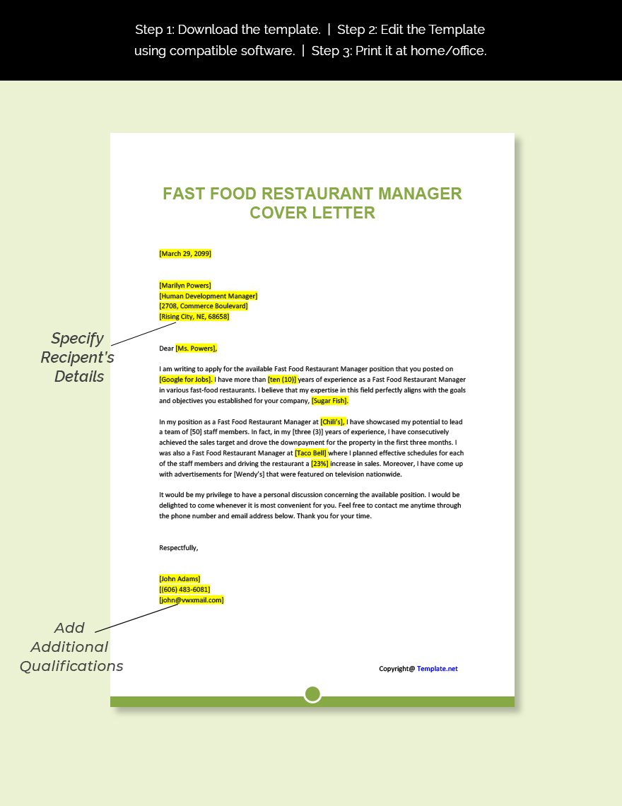Fast Food Restaurant Manager Cover Letter