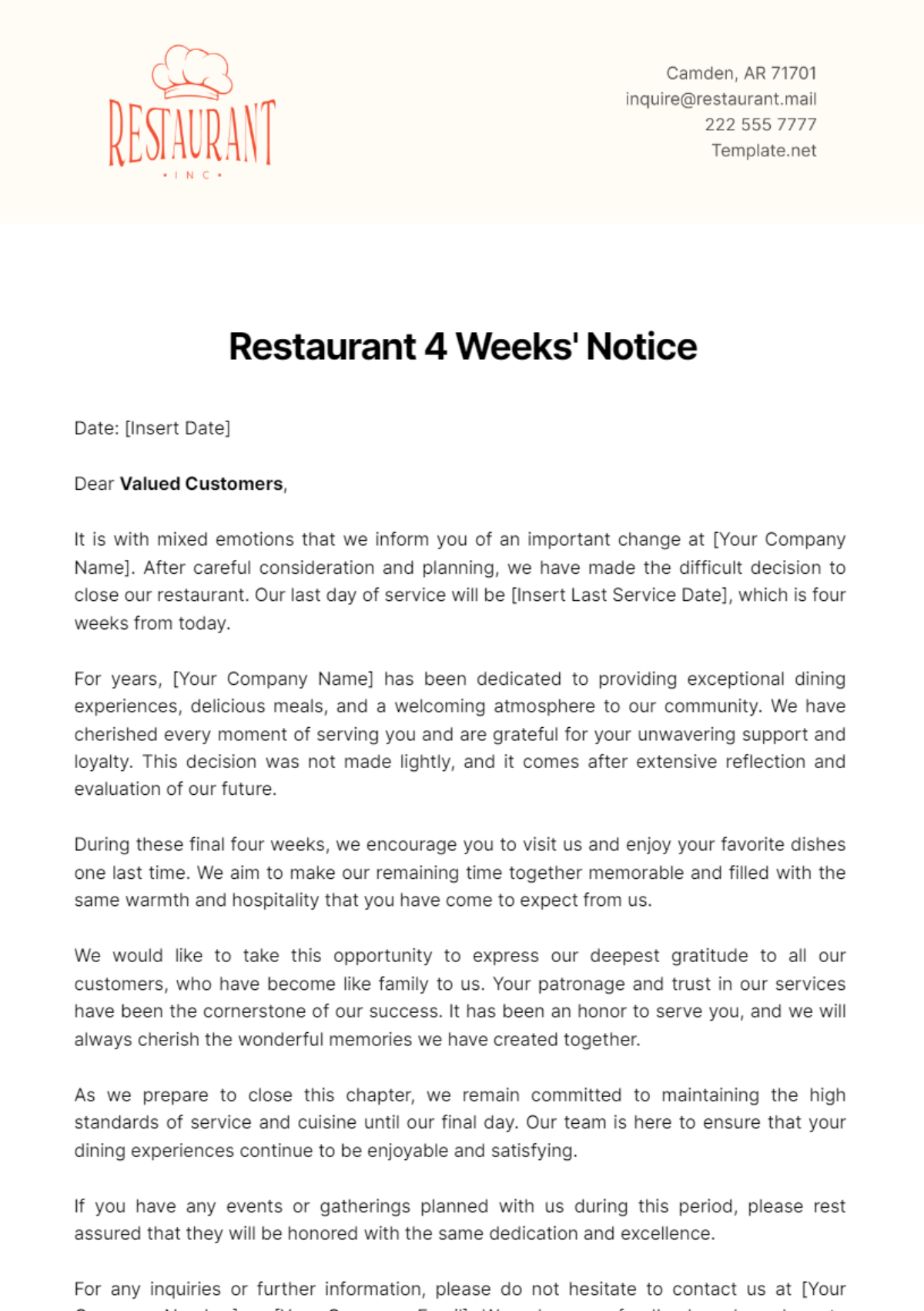 Free Restaurant 4 Weeks' Notice Template