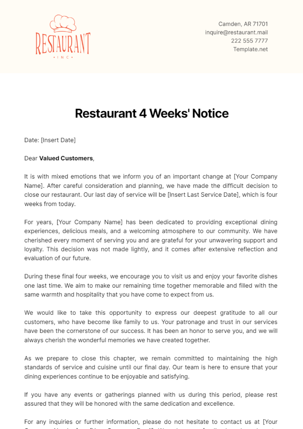 Restaurant 4 Weeks' Notice Template - Edit Online & Download